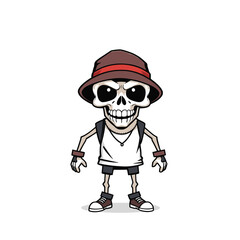 a skull emojiwearing a red bandana hat, a white tank top, and sneakers, with a mischievous expression on its face.