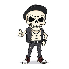 a skull emoji wearing a hat, a leather jacket, and sneakers.