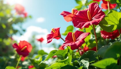 Obraz premium Vibrant Red Flowers Bloom Brightly Under Sunny Skies