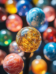 Close-up of colorful glass marbles with blurred background.