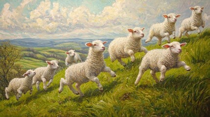Fototapeta premium Painting of three fluffy lambs joyfully jumping over green hillside under a bright sky. Pastoral landscape, innocence, countryside, farm animals, rural scene, playful movement, idyllic. Generative AI