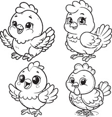 Charming Baby Chick Illustrations - Black and White Cartoon-Style Chicks in Different Postures