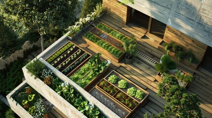 A modern garden on the roof of a skyscraper with beds in a big city full of bright vegetables and herbs, gardening, healthy eating. View from above.