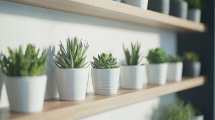 Fototapeta premium A minimalist bathroom with small potted plants on open shelves, adding a fresh and natural touch