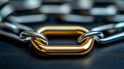 Fototapeta premium Close-up of a gold link in a metal chain on a textured surface.
