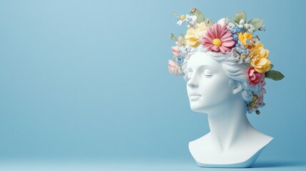 Minimalistic spring and summer composition showing a white plaster statue of venus head decorated with colorful flowers on a light blue background