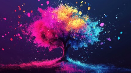 A colorful vector illustration of a tree with splashes, symbolizing the vibrant energy of spring