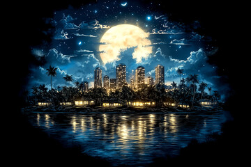Naklejka premium A city with a large moon in the sky. The moon is reflecting on the water. The city is lit up at night