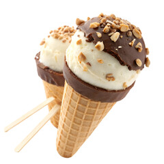. Ice cream in a glaze of white chocolate and in a glaze of milk chocolate and nuts on wooden sticks. Isolate on white background