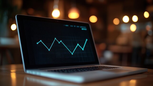 A single-line graph on a laptop, with a blurred caf?(C) background, symbolizing remote work and productivity.