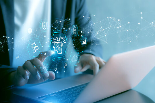 AI agent and generative artificial intelligence. Robotic processes automation and data analysis. Businessman touching head and AI icon on application network
