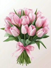 Obraz premium Bouquet of gentle pink tulips on white plaster background. Festive gift, greeting card for Easter, Birthday, Valentines Day or Wedding. Holiday concept, a place for text