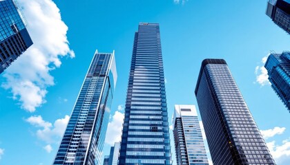 Obraz premium Modern Skyscrapers Reach Towards A Bright Blue Sky