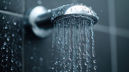 Fototapeta na wymiar Chrome showerhead spraying water in a tiled bathroom
