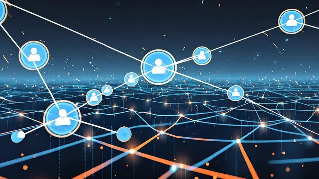 Futuristic Digital Network with Connected User Icons and Glowing Data Links in a Cyber Technology Communication Grid

