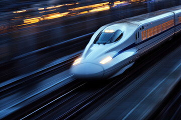 Fototapeta premium A bullet train racing across a countryside, its windows glowing like happy eyes
