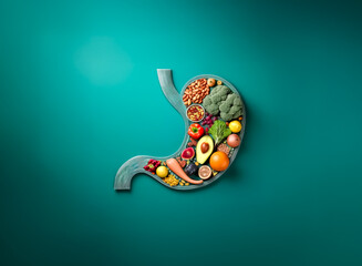 A healthy stomach silhouette filled with nutritious foods like fruits, vegetables, nuts, and grains, promoting digestive wellness and balanced diet.