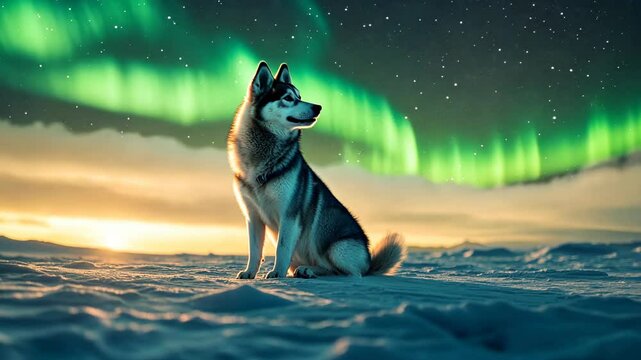 Majestic husky sitting on snowy terrain under the glowing aurora borealis, gazing at the mesmerizing northern lights