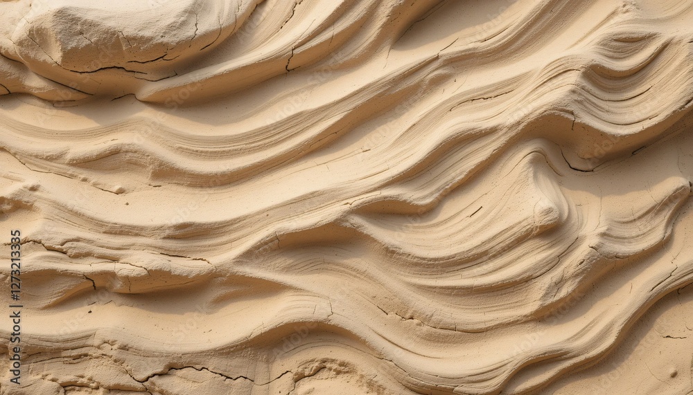 Poster Textured Sandscape. Natural Abstract Patterns. Wavy Sediment Surface. Beige Tones. Grooves and Layers. Rhythmic Flow. Wind-Swept Dunes. Undulating Surface. Exposure to the Elements. Nature's Design.