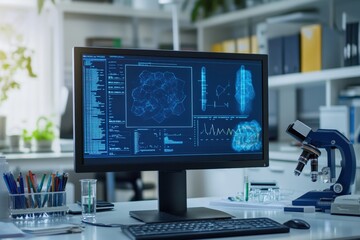 Innovative desk setup with external monitor for data analysis and research. Generative AI