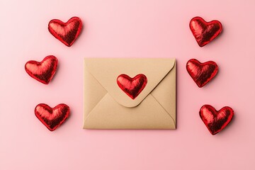 Fototapeta premium Composition with envelope and red hearts on pink background.