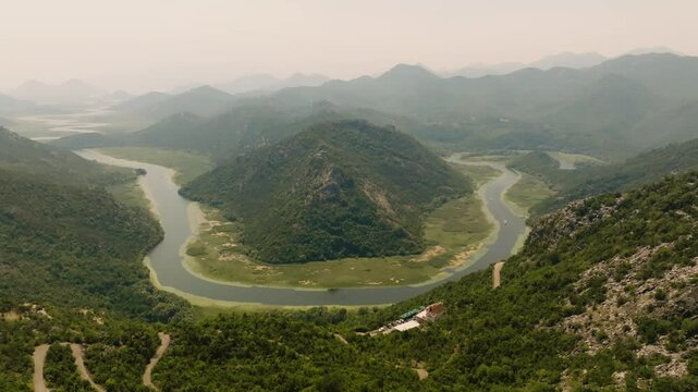 Drone view of Pavlova Strana, the most popular viewpoint of Lake Skadar National Park and the Rijeka Crnojevica River