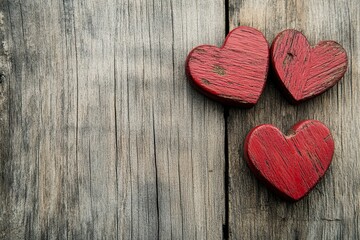 Fototapeta premium Love hearts on wooden texture background, love concept.