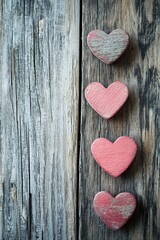 Fototapeta premium Love hearts on wooden texture background, love concept.