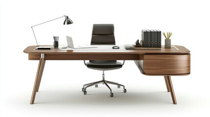 A modern office with a clean desk, ergonomic chair, and stylish desk accessories on a white background.