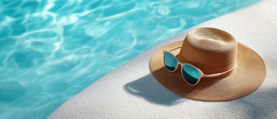 Wide-brimmed Hat and Sunglasses as Essential Sun Protection Accessories for Outdoor Leisure, Travel, and Vacation Experiences. Providing Shade, Comfort, and UV-blocking Coverage.