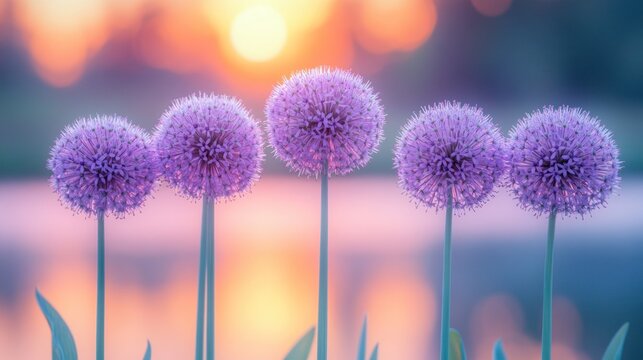Beautiful purple allium flowers in a serene garden at sunset by a lake - Powered by Adobe