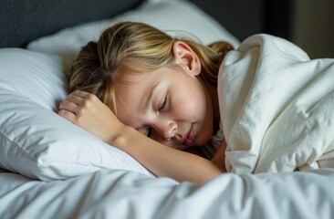 A blonde little girl sleeps in bed with her hand under her face. A restful sleep. The room is dark, the floor lamp is on. A good dream