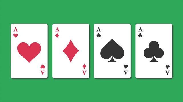 Four playing cards spade clubs hearts set diamonds 2d animation on green screen
