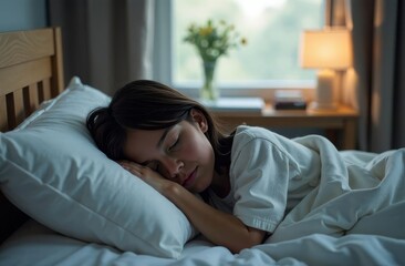 A little girl sleeps in bed with her hand on the pillow. A restful sleep. The room is dark, the floor lamp is on. A good dream