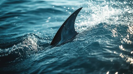 Fototapeta premium Shark Fin in Ocean Waves: Dark Teal Water, Sunlight Glimmer