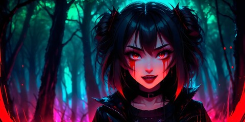 Bright, illuminated by neon light vampire girl with bright red makeup on the background of a dark fantasy forest
