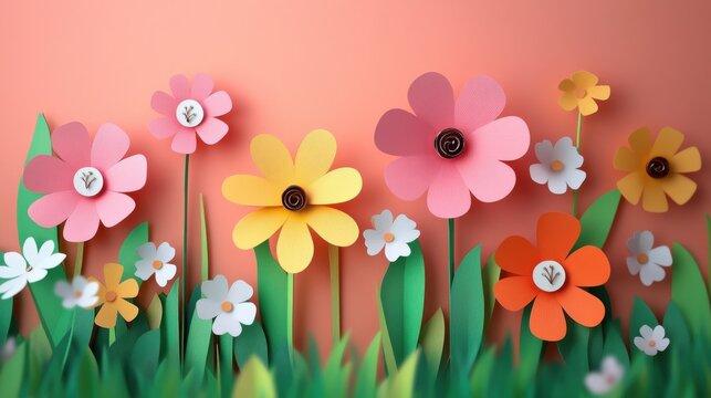 3d paper cut spring flowers background.
