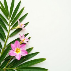 Fototapeta premium Tropical orchid flowers and palm leaf on a blue background with space for text