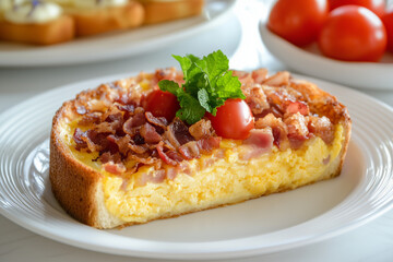 Bacon quiche with tomatoes and parsley on top, halved french meal to reveal perfectly baked pastry