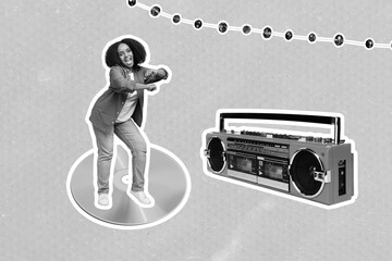 Photo artwork design collage of young carefree woman boogie woogie event dance cd disc retro...