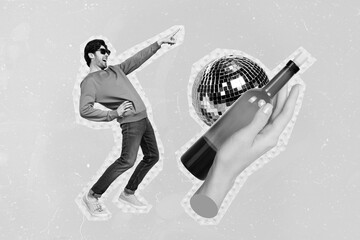 Creative banner poster collage of crazy hipster guy dance dynamic night club drink high quality...