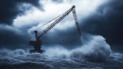 A surreal scene of a crane set against stormy waters, with dramatic lighting piercing through heavy clouds, evoking tension.