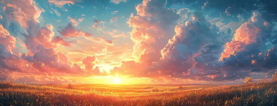Fototapeta Sunset Meadow Illustration