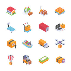 A set of isometric icons showcases various facets of global logistics and shipping.