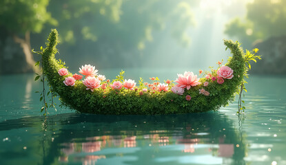 Floral Boat Shaped from Green Plants and Beautiful Blooms: Symbolizing Nature, Growth, and Environmental Awareness