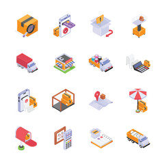 A set of isometric icons, representing different aspects of shipping and delivery.