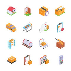 A collection of isometric icons, representing different aspects of logistics and supply chain management.