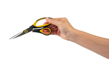 Office stationery scissors cutting in hand on transparent background