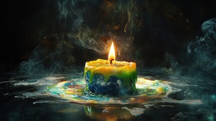 A symbolic Earth-candle melting into a vibrant pool of wax, surrounded by faint smoke and a surreal atmosphere