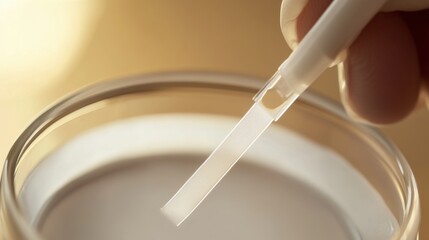 A close-up of a glucose testing strip being inserted into a meter. Featuring action and readiness